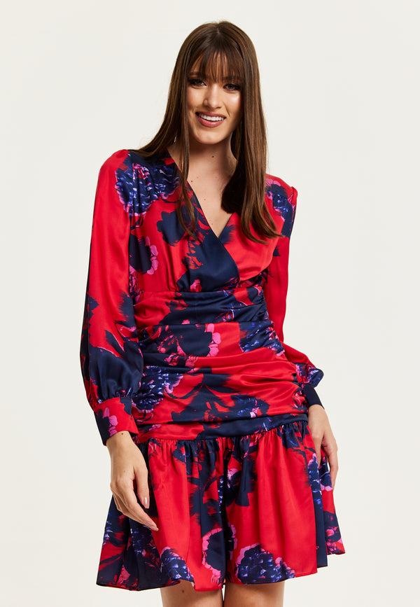 Liquorish Women's Mini Dress In Red With Long Balloon Sleeves And Floral Print Elegant Design By Liquorish