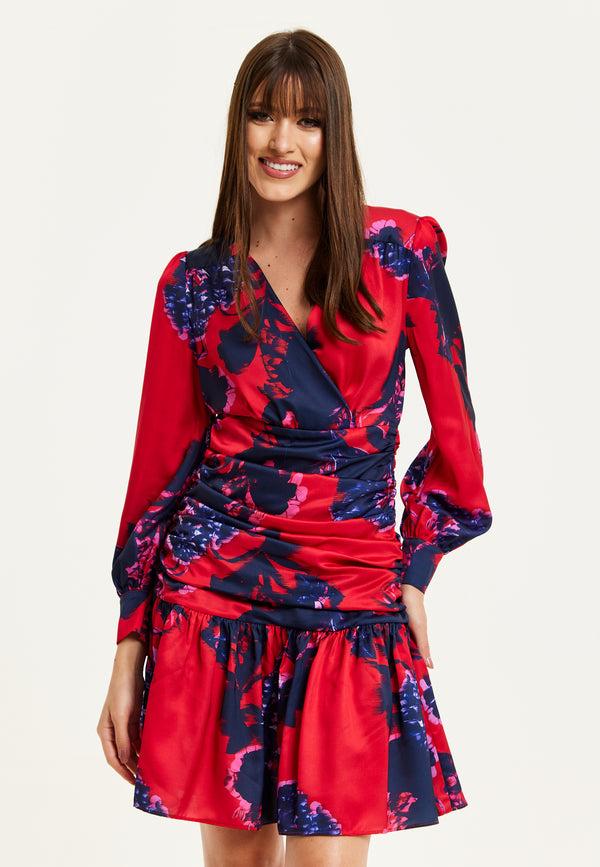 Liquorish Women's Mini Dress in Red with Long Balloon Sleeves and Floral Print Elegant Design by Liquorish