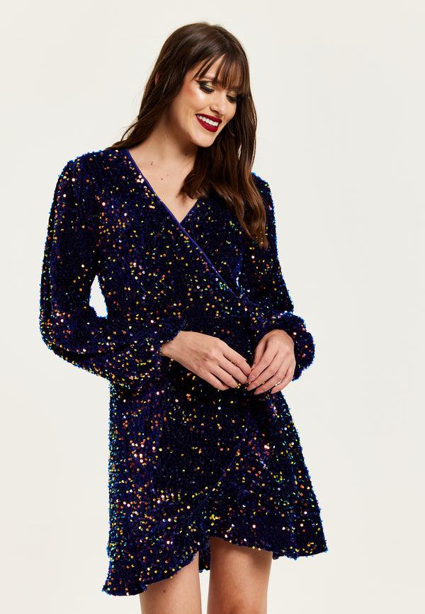 Liquorish Women's Mini Dress In Royal Blue Velvet With Long Sleeves & Multicolour Sequin Wrap Style - Liquorish