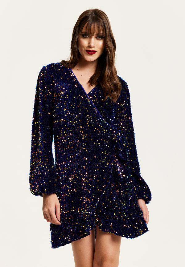 Liquorish Women's Mini Dress In Royal Blue Velvet With Long Sleeves & Multicolour Sequin Wrap Style - Liquorish