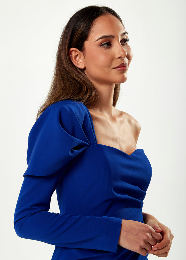 Liquorish Women's Mini Dress In Royal Blue With Asymmetric Design And One Full-Length Sleeve - Liquorish
