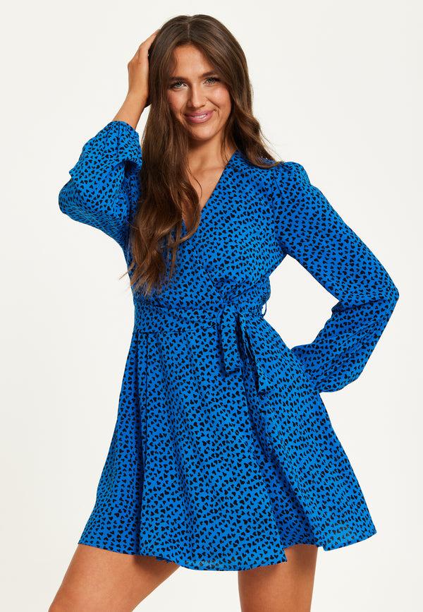 Liquorish Women's Mini Dress in Royal Blue with Long Sleeves and Heart Print Wrap Design by Liquorish
