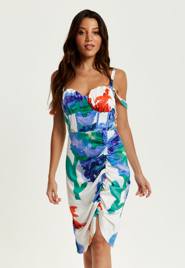 Liquorish Women's Mini Dress In White With Floral Print Ruched Front Sleeveless Design - Liquorish