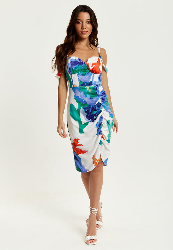 Liquorish Women's Mini Dress in White with Floral Print Ruched Front Sleeveless Design - Liquorish