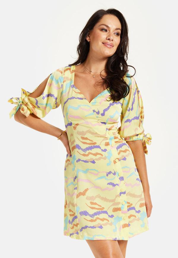 Liquorish Women's Mini Dress In Yellow With Sleeve Tie-Ups And Back Tie-Up Detail - Abstract Zebra Print By Liquorish