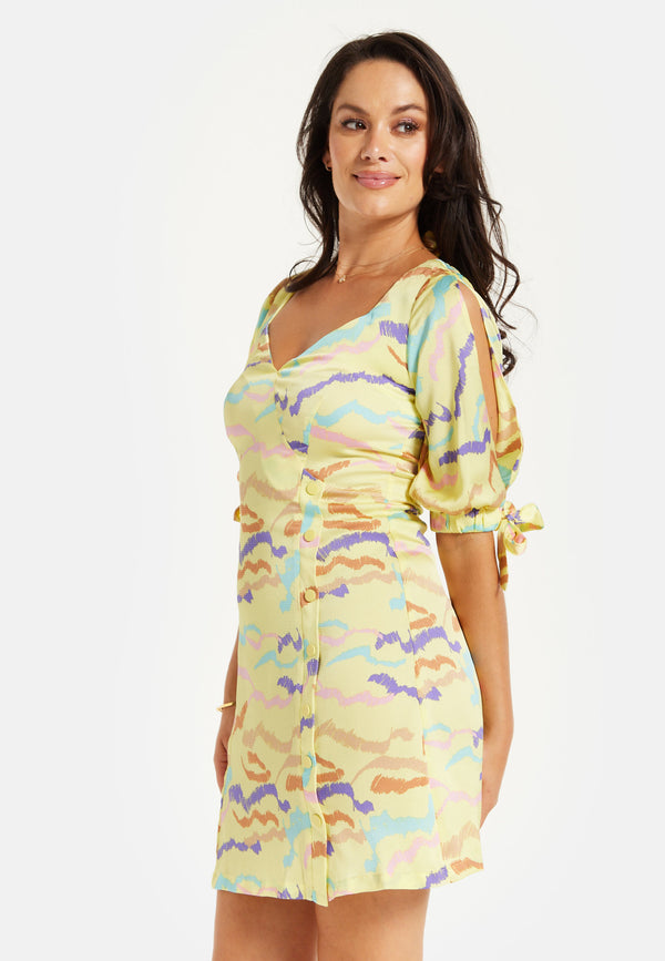 Liquorish Women's Mini Dress In Yellow With Sleeve Tie-Ups And Back Tie-Up Detail - Abstract Zebra Print By Liquorish