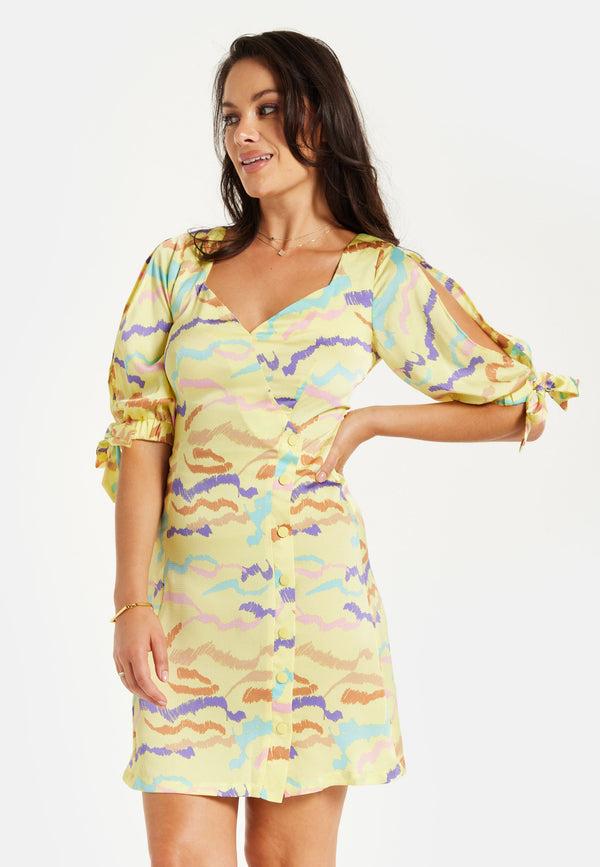 Liquorish Women's Mini Dress In Yellow With Sleeve Tie-Ups And Back Tie-Up Detail - Abstract Zebra Print By Liquorish