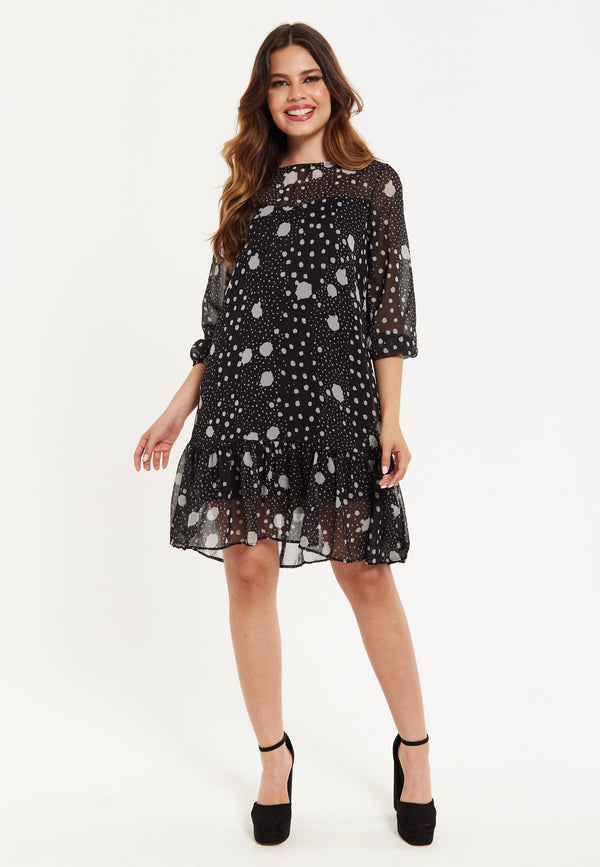 Liquorish Women's Mini Dress Long Sleeve Polka Dot Print Chiffon Fabric Relaxed Fit Playful Charm