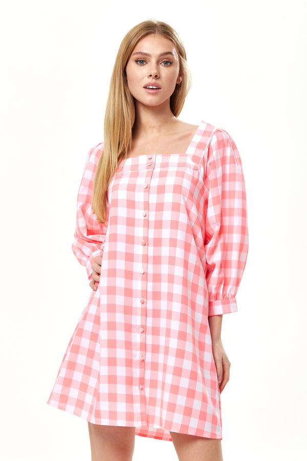 Liquorish Women's Mini Dress Pink Gingham With Puff Sleeves Button-Up Front Oversized Fit Flirty Length