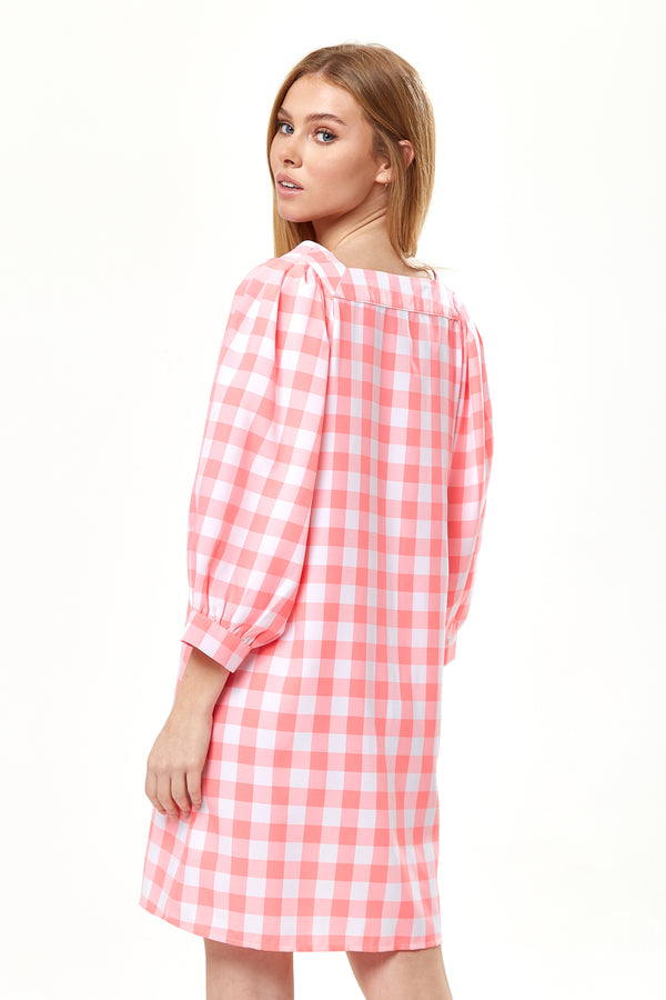 Liquorish Women's Mini Dress Pink Gingham With Puff Sleeves Button-Up Front Oversized Fit Flirty Length