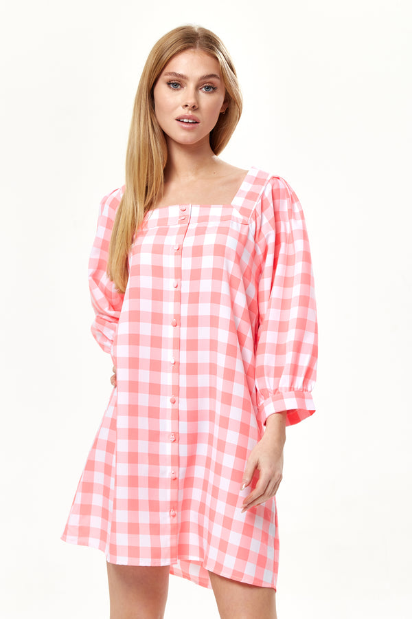 Liquorish Women's Mini Dress Pink Gingham with Puff Sleeves Button-Up Front Oversized Fit Flirty Length