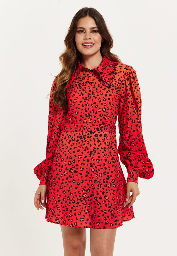 Liquorish Women's Mini Dress Scalloped Collar Leopard Print With Ombre Detail Long Balloon Sleeves Side Zip Regular Fit