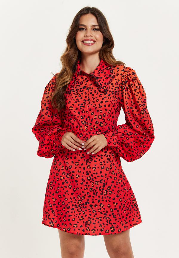 Liquorish Women's Mini Dress Scalloped Collar Leopard Print With Ombre Detail Long Balloon Sleeves Side Zip Regular Fit