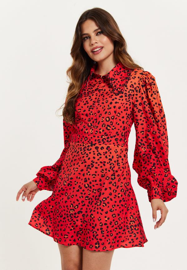 Liquorish Women's Mini Dress Scalloped Collar Leopard Print With Ombre Detail Long Balloon Sleeves Side Zip Regular Fit