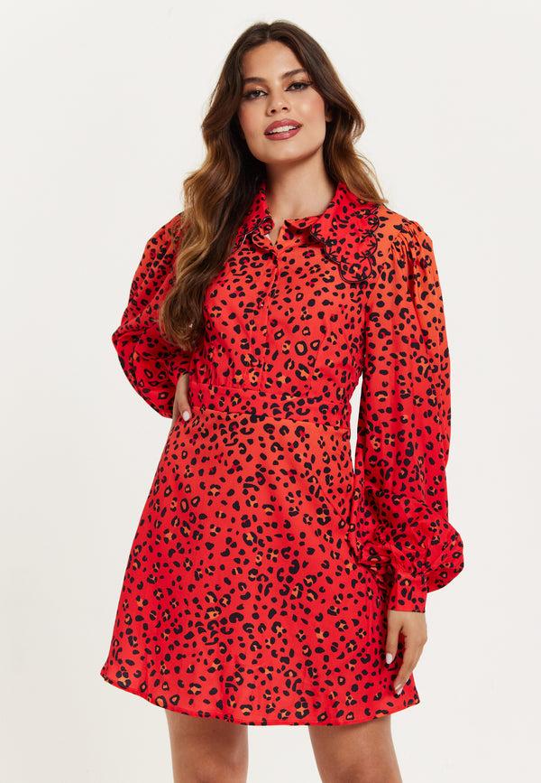 Liquorish Women's Mini Dress Scalloped Collar Leopard Print with Ombre Detail Long Balloon Sleeves Side Zip Regular Fit