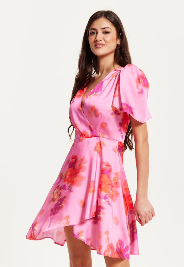 Liquorish Women's Mini Dress With Angel Sleeves And Floral Print In Pink - Perfectly Chic By Liquorish