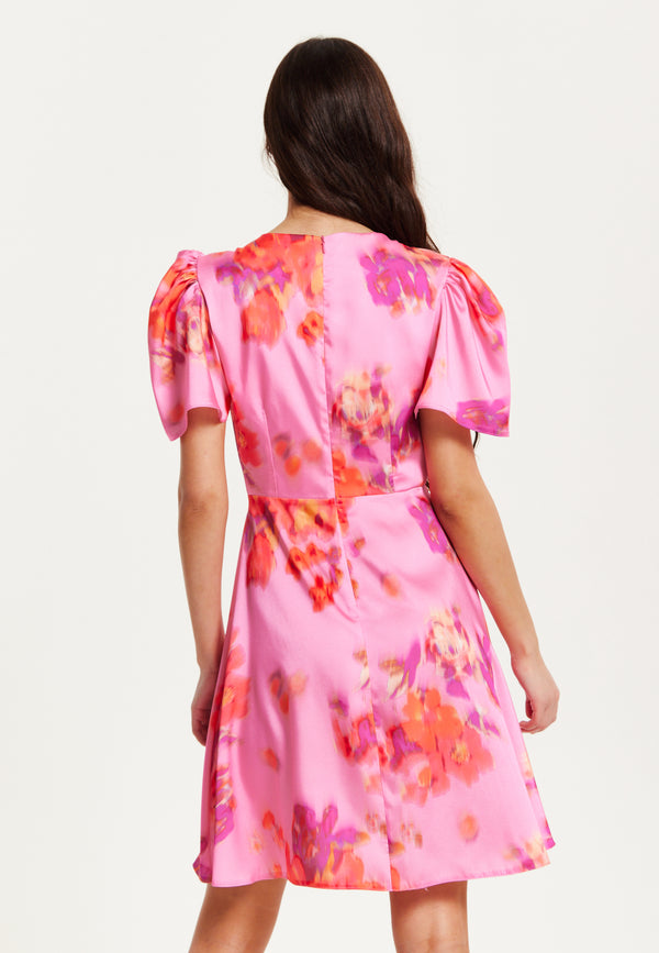 Liquorish Women's Mini Dress With Angel Sleeves And Floral Print In Pink - Perfectly Chic By Liquorish