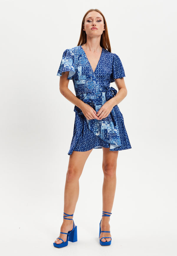 Liquorish Women's Mini Dress With Angel Sleeves And Scarf Print Tie Waist - Elevate Your Style With Liquorish
