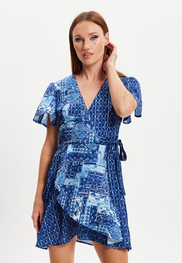 Liquorish Women's Mini Dress With Angel Sleeves And Scarf Print Tie Waist - Elevate Your Style With Liquorish