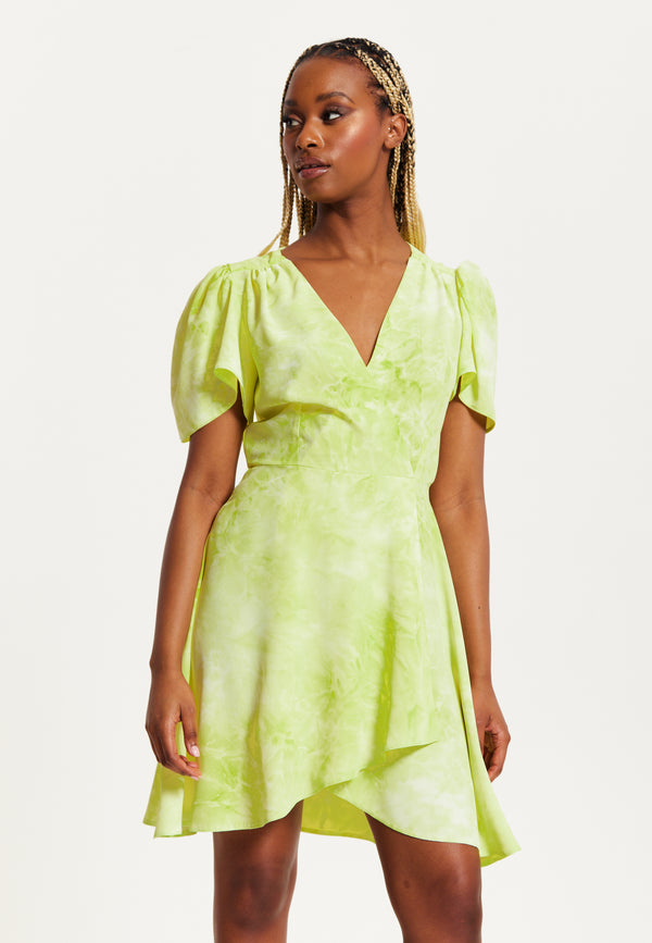 Liquorish Women's Mini Dress With Angel Sleeves In Pistachio - Stylish Wrap Design Perfect For Any Occasion - Liquorish
