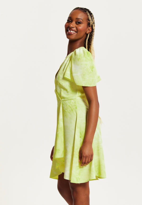 Liquorish Women's Mini Dress With Angel Sleeves In Pistachio - Stylish Wrap Design Perfect For Any Occasion - Liquorish