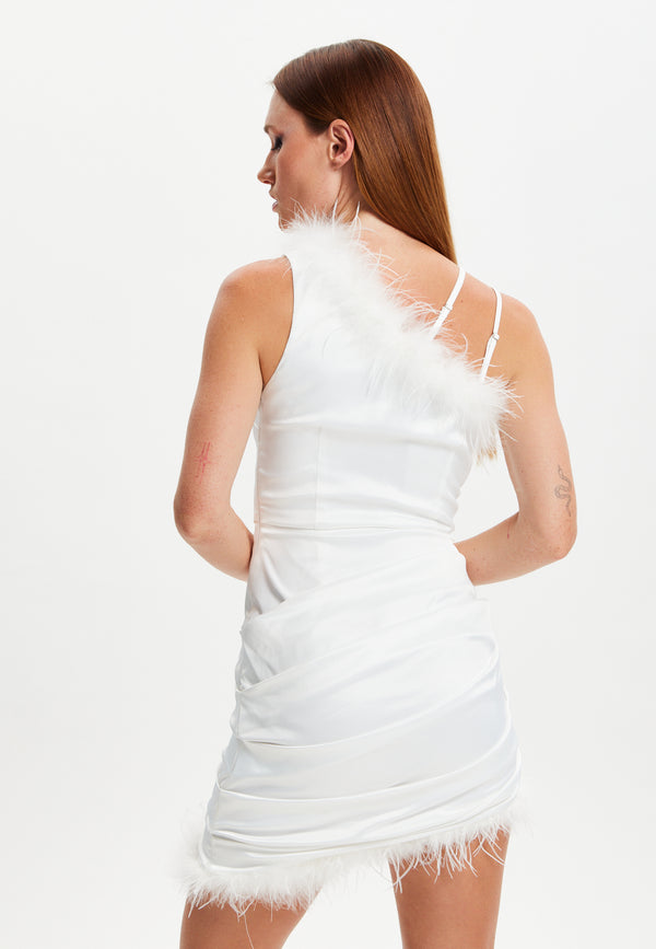 Liquorish Women's Mini Dress With Asymmetric One Shoulder And Feather Detail In White - Liquorish