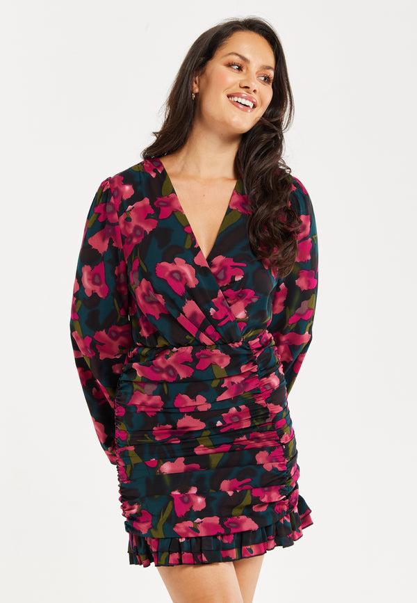 Liquorish Women's Mini Dress With Balloon Sleeves Floral Print And Front Ruching In Charming Pastel Colors - Liquorish