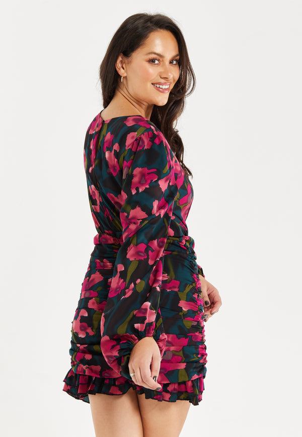 Liquorish Women's Mini Dress With Balloon Sleeves Floral Print And Front Ruching In Charming Pastel Colors - Liquorish