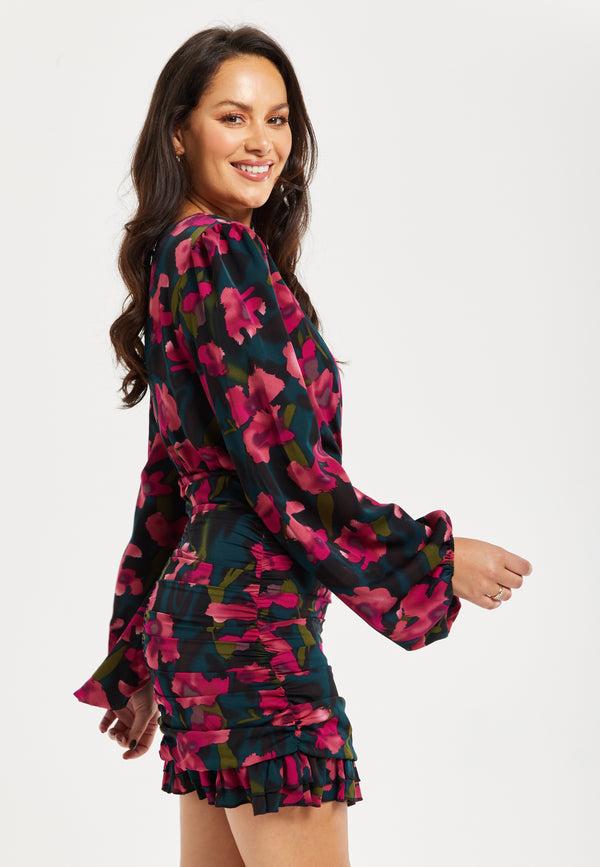 Liquorish Women's Mini Dress With Balloon Sleeves Floral Print And Front Ruching In Charming Pastel Colors - Liquorish