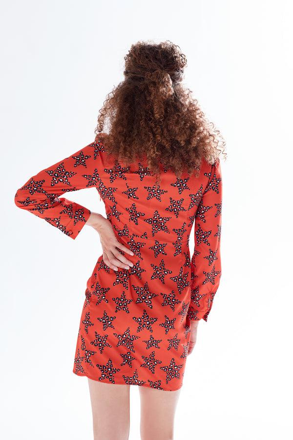Liquorish Women's Mini Dress With Collar Long Sleeves Twisted Front And Vibrant Orange Star Print - Liquorish