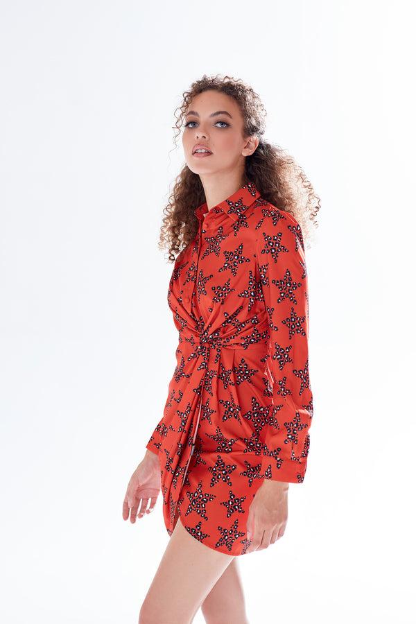 Liquorish Women's Mini Dress With Collar Long Sleeves Twisted Front And Vibrant Orange Star Print - Liquorish