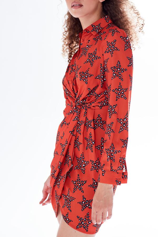 Liquorish Women's Mini Dress With Collar Long Sleeves Twisted Front And Vibrant Orange Star Print - Liquorish