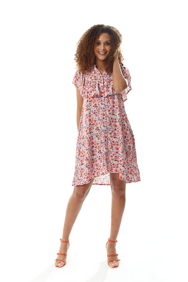 Liquorish Women's Mini Dress With Frill Details And Short Sleeves In Purple Floral Print - Liquorish