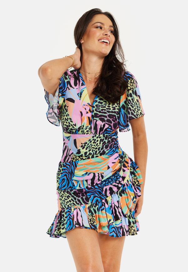 Liquorish Women's Mini Dress With Frilled Hem Ruched Detail Short Sleeves In Multicolour - Liquorish