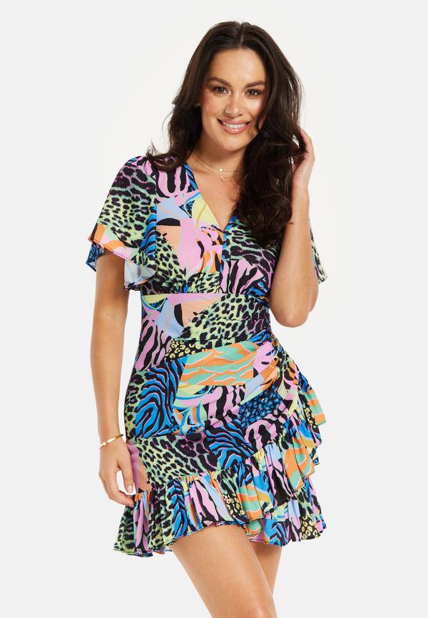 Liquorish Women's Mini Dress with Frilled Hem Ruched Detail Short Sleeves in Multicolour - Liquorish