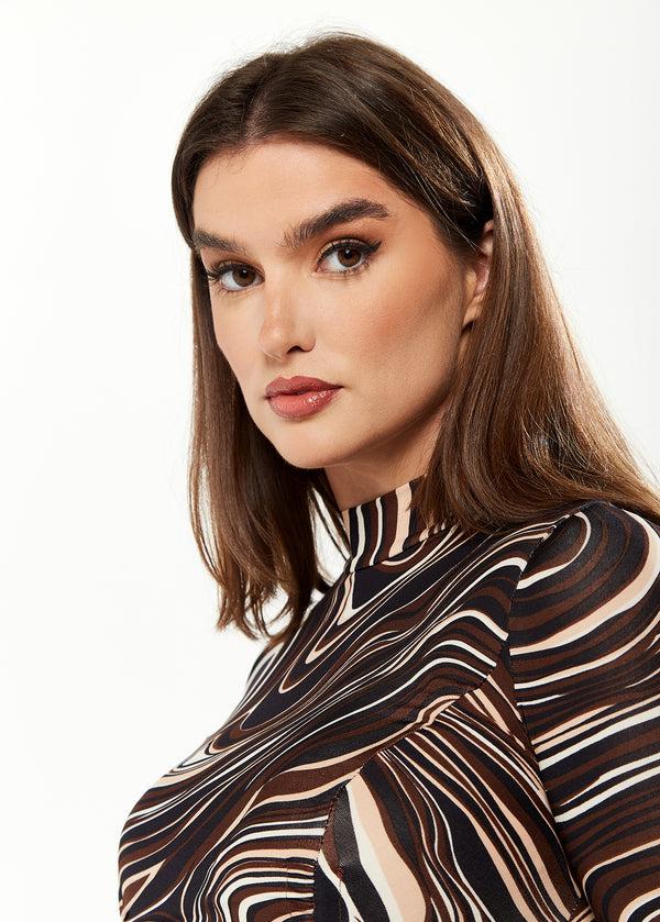 Liquorish Women's Mini Dress With High Neck Long Sleeves Brown Marble Print Flattering Ruching Detail