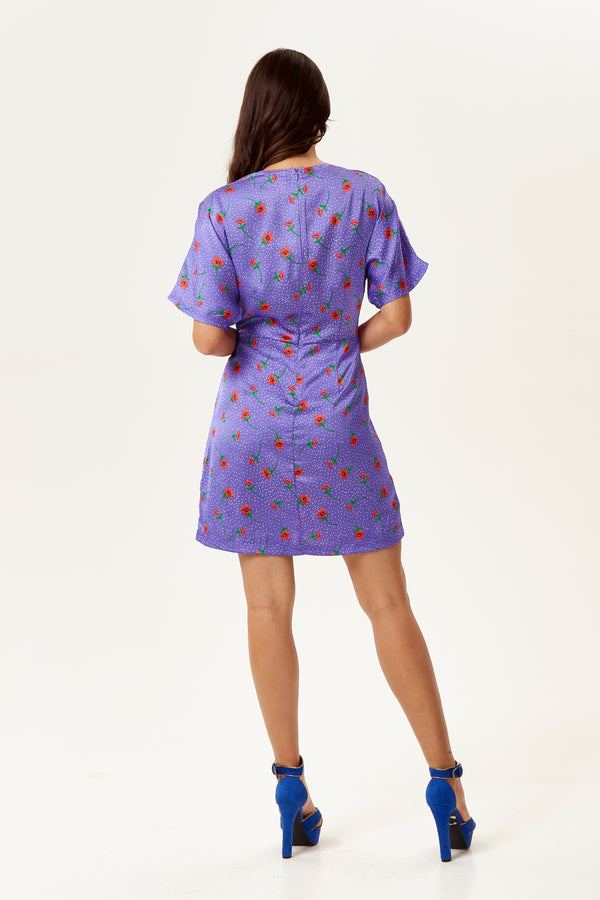 Liquorish Women's Mini Dress With Knot Front Floral Print Short Sleeves Perfect Fit In Purple - Liquorish