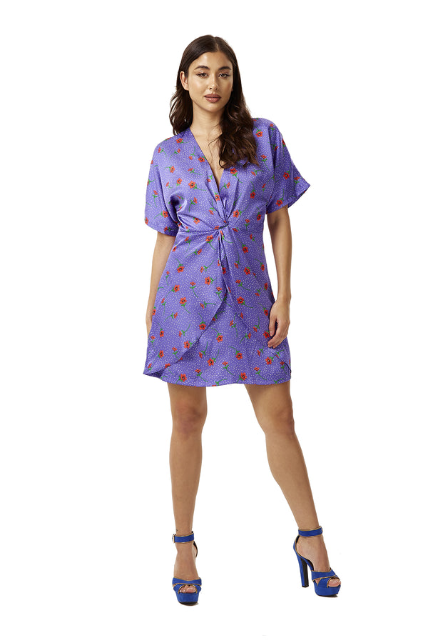 Liquorish Women's Mini Dress with Knot Front Floral Print Short Sleeves Perfect Fit in Purple - Liquorish