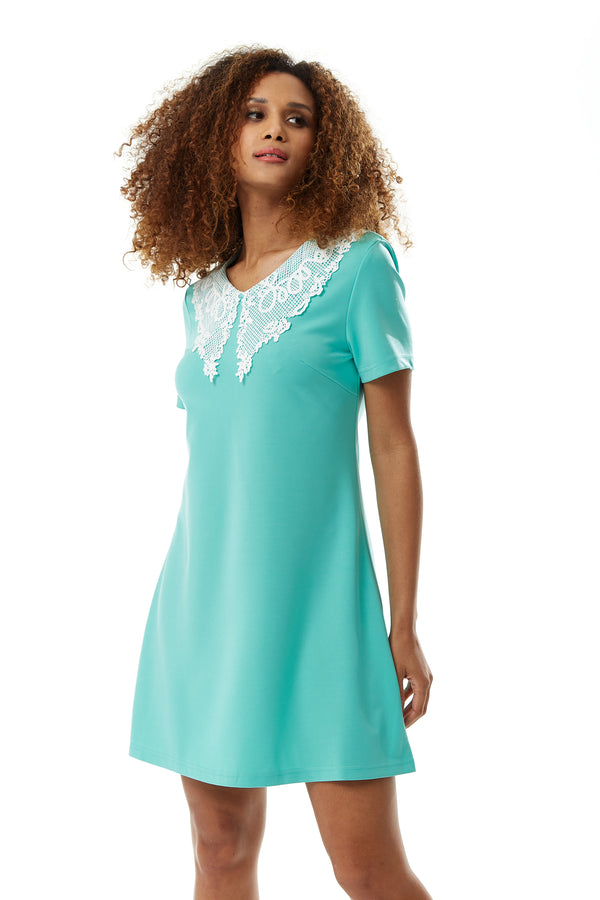Liquorish Women's Mini Dress With Lace Collar Mint Green Regular Fit Comfortable Stretch Fabric Elegant Style - Liquorish