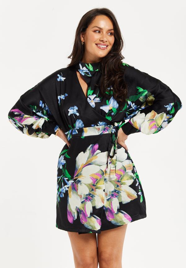 Liquorish Women's Mini Dress With Long Balloon Sleeves In Floral Print And Cut Out Detail - Elegant Black And Multi-Colored Design By Liquorish