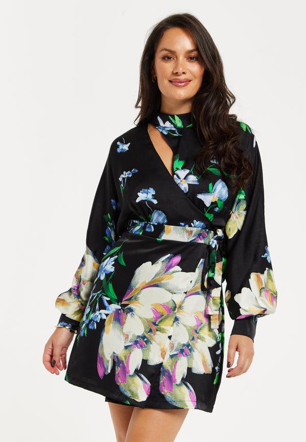 Liquorish Women's Mini Dress With Long Balloon Sleeves In Floral Print And Cut Out Detail - Elegant Black And Multi-Colored Design By Liquorish