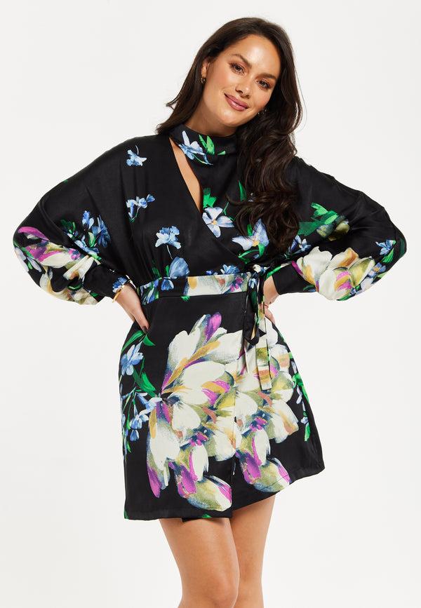 Liquorish Women's Mini Dress With Long Balloon Sleeves In Floral Print And Cut Out Detail - Elegant Black And Multi-Colored Design By Liquorish