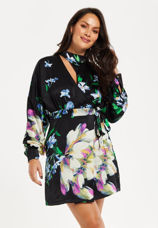 Liquorish Women's Mini Dress with Long Balloon Sleeves in Floral Print and Cut Out Detail - Elegant Black and Multi-Colored Design by Liquorish Liquorish Women's Mini Dress with Long Balloon Sleeves in Floral Print and Cut Out Detail - Elegant Black and Multi-Colored Design by Liquorish