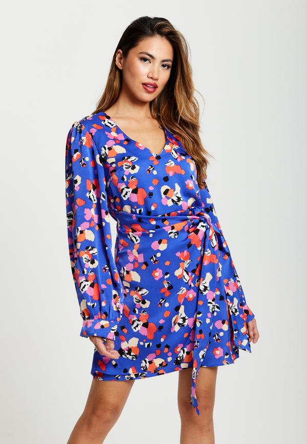 Liquorish Women's Mini Dress With Long Balloon Sleeves In Multicolour Abstract Dot Print - Elegant Wrap Style By Liquorish