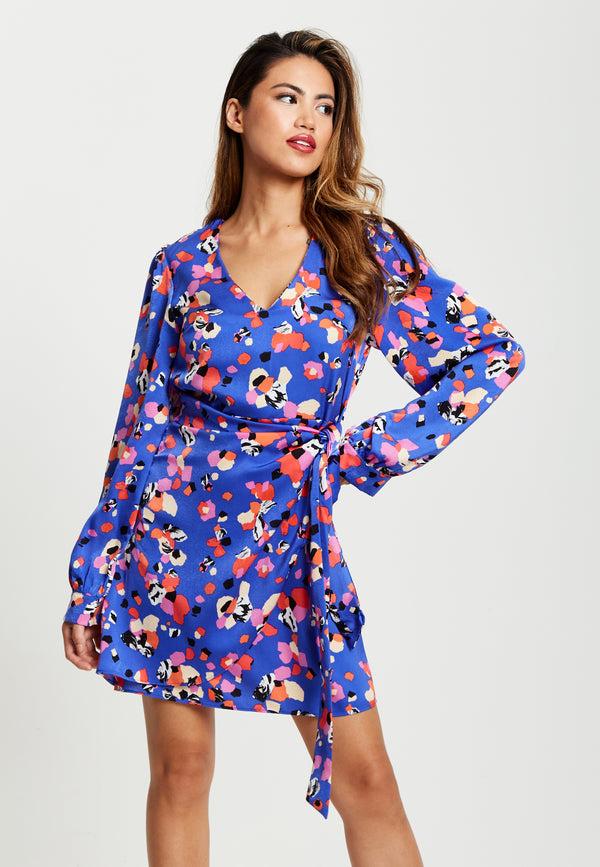 Liquorish Women's Mini Dress With Long Balloon Sleeves In Multicolour Abstract Dot Print - Elegant Wrap Style By Liquorish