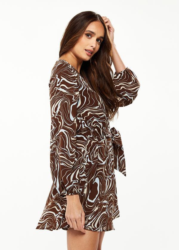 Liquorish Women's Mini Dress With Long Sleeves And Tie Waist In Brown - Stylish Scribble Print By Liquorish
