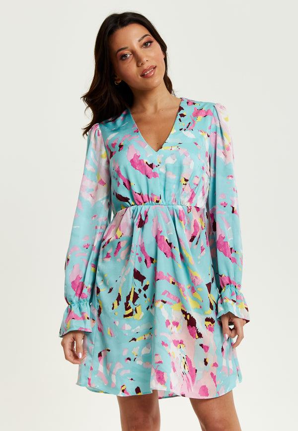 Liquorish Women's Mini Dress With Long Sleeves Blue Abstract Print Open Back Design Chic & Flattering - Liquorish