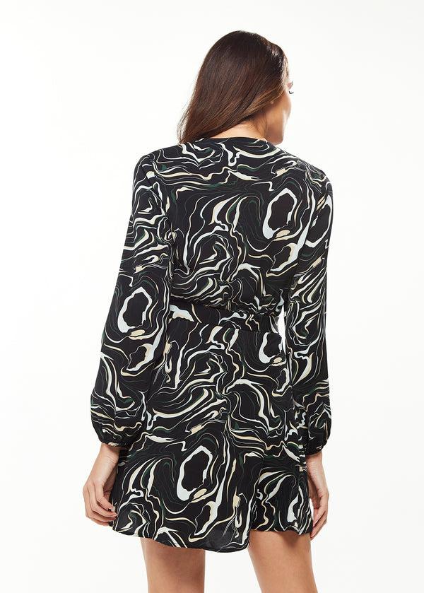 Liquorish Women's Mini Dress With Long Sleeves In Black - Flattering Wrap Style And Playful Scribble Print By Liquorish