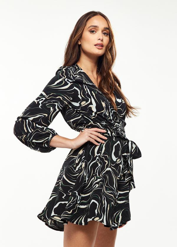 Liquorish Women's Mini Dress With Long Sleeves In Black - Flattering Wrap Style And Playful Scribble Print By Liquorish