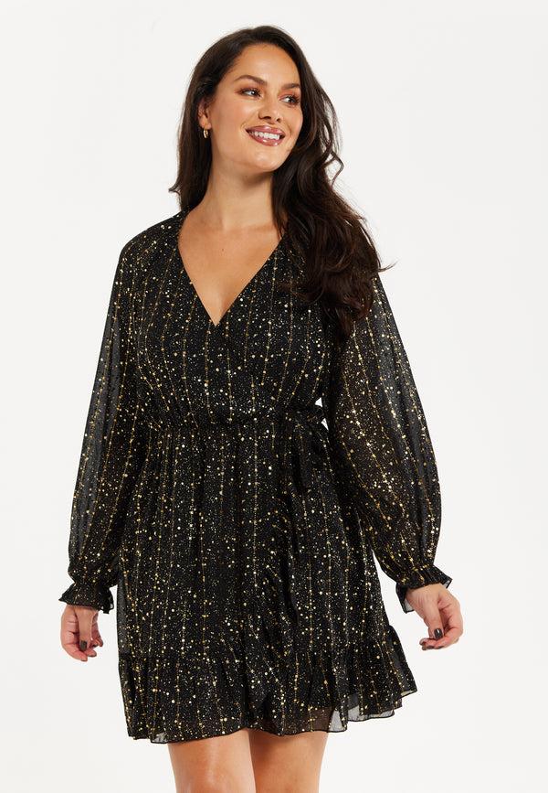 Liquorish Women's Mini Dress With Long Sleeves In Gold Chiffon - Stylish Wrap Design Perfect For Any Occasion - Liquorish